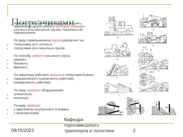 08/15/2023 Кафедра горнозаводского транспорта и логистики Погрузчиками Называют подъемно-транспортные машины, применяемые для