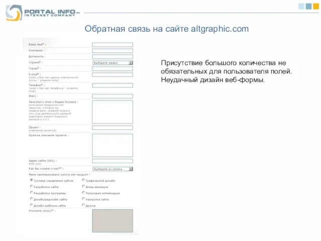 Обратная связь на сайте altgraphic.com Присутствие большого количества не обязательных для пользователя полей. Неудачный дизайн веб-формы.