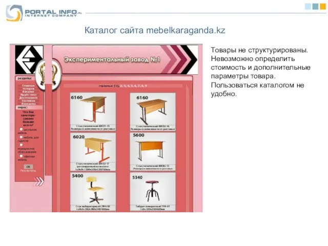 Каталог сайта mebelkaraganda.kz Товары не структурированы. Невозможно определить стоимость и дополнительные параметры