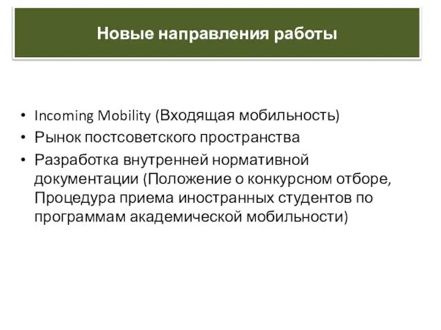 Incoming Mobility (Входящая мобильность) Рынок постсоветского пространства Разработка внутренней нормативной документации (Положение