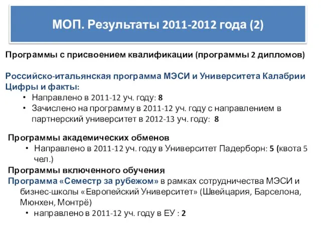 МОП. Результаты 2011-2012 года (2) Программы с присвоением квалификации (программы 2 дипломов)