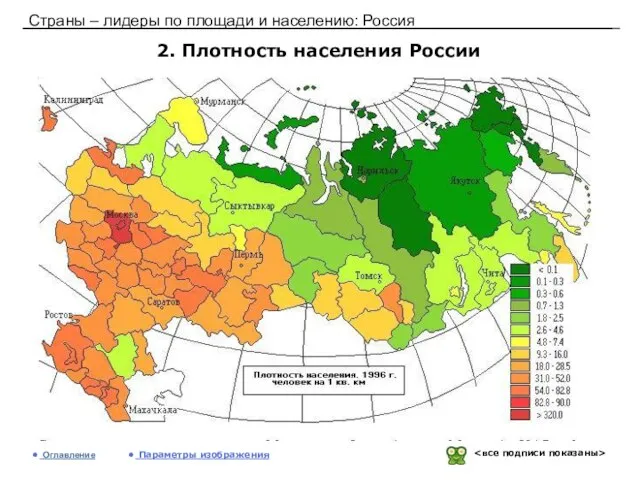 Страны – лидеры по площади и населению: Россия 2. Плотность населения России Оглавление Параметры изображения