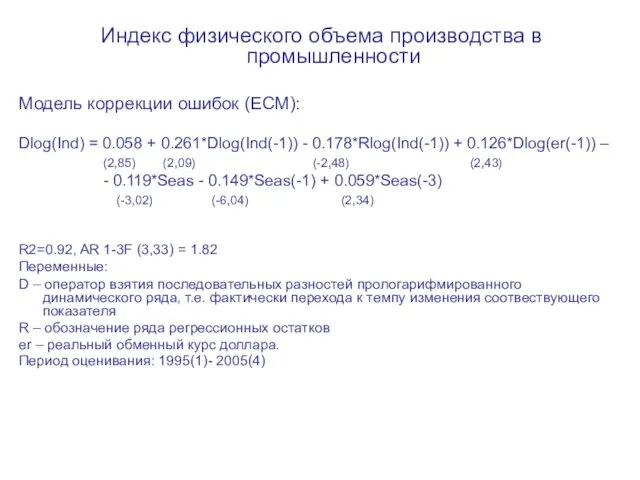 Индекс физического объема производства в промышленности Модель коррекции ошибок (ECM): Dlog(Ind) =