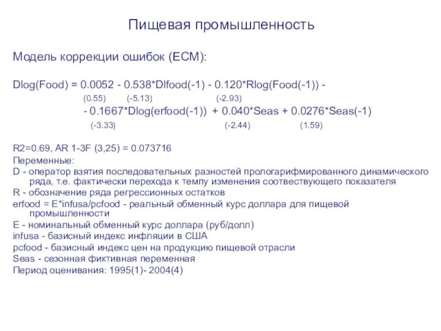 Пищевая промышленность Модель коррекции ошибок (ECM): Dlog(Food) = 0.0052 - 0.538*Dlfood(-1) -