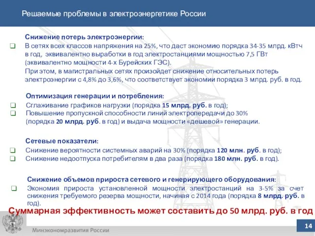 Снижение объемов прироста сетевого и генерирующего оборудования: Экономия прироста установленной мощности электростанций