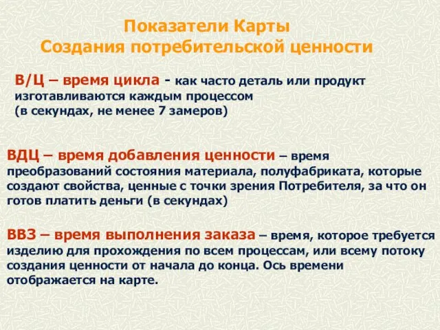 Показатели Карты Создания потребительской ценности В/Ц – время цикла - как часто