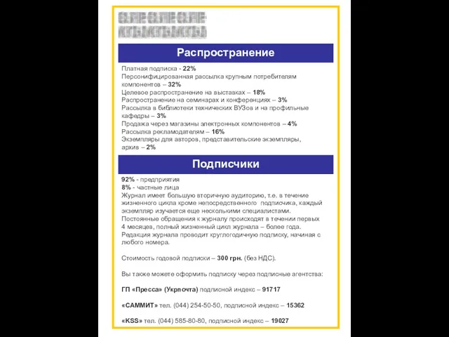 Платная подписка - 22% Персонифицированная рассылка крупным потребителям компонентов – 32% Целевое