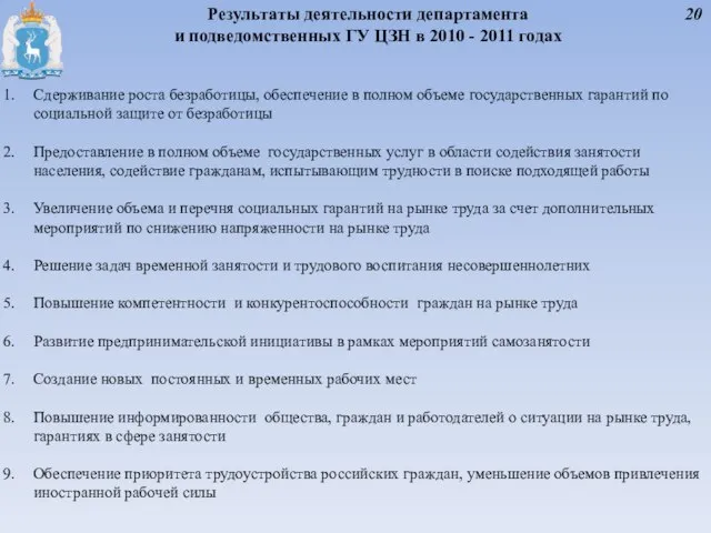 20 Результаты деятельности департамента и подведомственных ГУ ЦЗН в 2010 - 2011