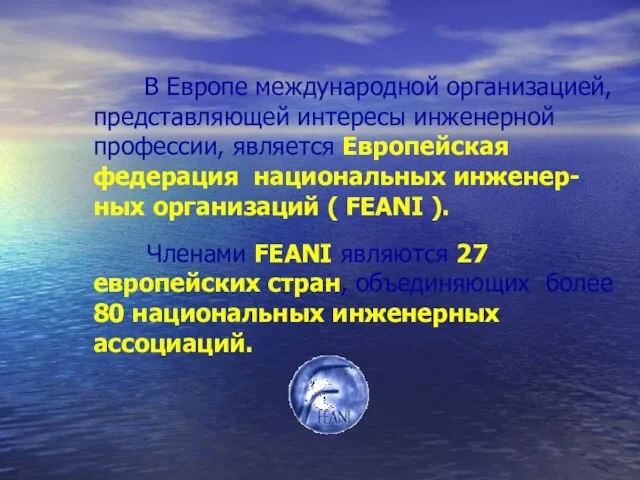 В Европе международной организацией, представляющей интересы инженерной профессии, является Европейская федерация национальных