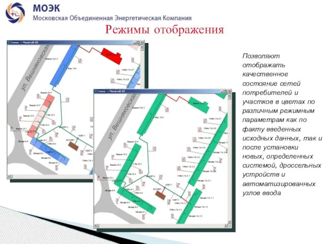 Режимы отображения Позволяют отображать качественное состояние сетей потребителей и участков в цветах