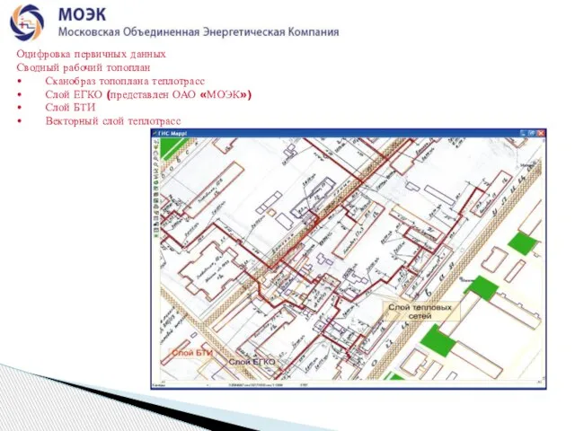 Оцифровка первичных данных Сводный рабочий топоплан Сканобраз топоплана теплотрасс Слой ЕГКО (представлен