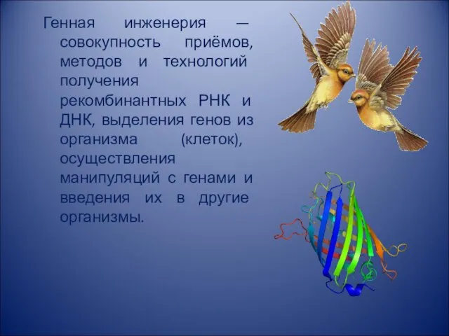 Генная инженерия — совокупность приёмов, методов и технологий получения рекомбинантных РНК и