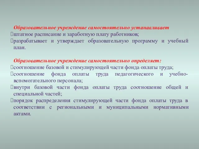 Образовательное учреждение самостоятельно устанавливает штатное расписание и заработную плату работников; разрабатывает и