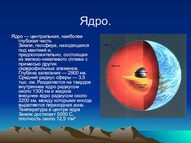 Ядро. Ядро — центральная, наиболее глубокая часть Земли, геосфера, находящаяся под мантией