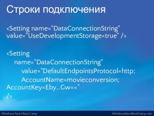 Строки подключения name="DataConnectionString" value="DefaultEndpointsProtocol=http; AccountName=movieconversion; AccountKey=Eby…Gw==“ />