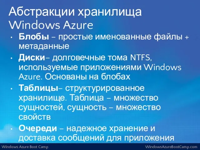 Абстракции хранилища Windows Azure Блобы – простые именованные файлы + метаданные Диски–