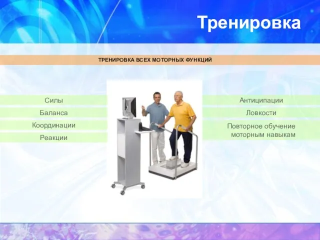 Тренировка ТРЕНИРОВКА ВСЕХ МОТОРНЫХ ФУНКЦИЙ Силы Баланса Координации Реакции Антиципации Ловкости Повторное обучение моторным навыкам