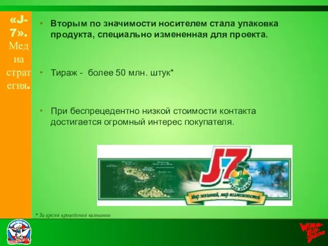 «J-7». Медиа стратегия. Вторым по значимости носителем стала упаковка продукта, специально измененная