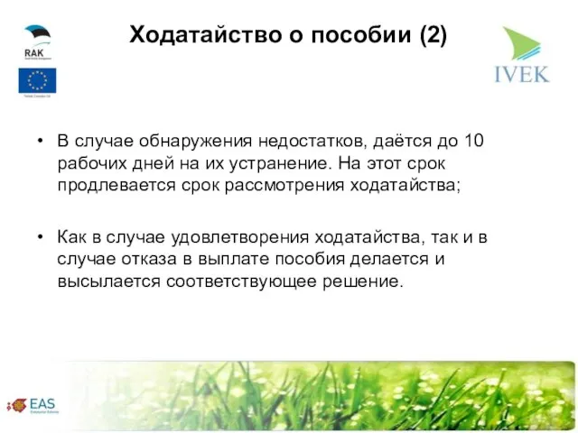 Ходатайство о пособии (2) В случае обнаружения недостатков, даётся до 10 рабочих