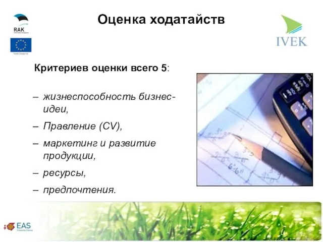 Оценка ходатайств Критериев оценки всего 5: жизнеспособность бизнес-идеи, Правление (CV), маркетинг и развитие продукции, ресурсы, предпочтения.