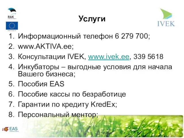 Услуги Информационный телефон 6 279 700; www.AKTIVA.ee; Консультации IVEK, www.ivek.ee, 339 5618