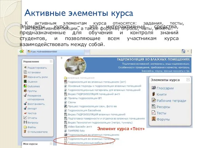 Активные элементы курса Элементы курса – это интерактивные средства, предназначенные для обучения