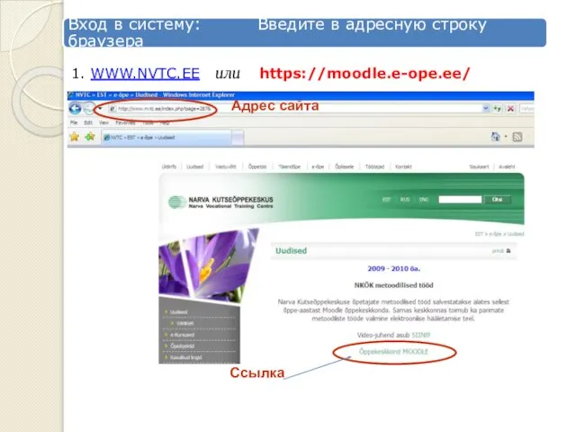 1. WWW.NVTC.EE или https://moodle.e-ope.ee/