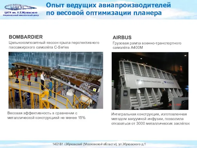 Опыт ведущих авиапроизводителей по весовой оптимизации планера BOMBARDIER Цельнокомпозитный кессон крыла перспективного