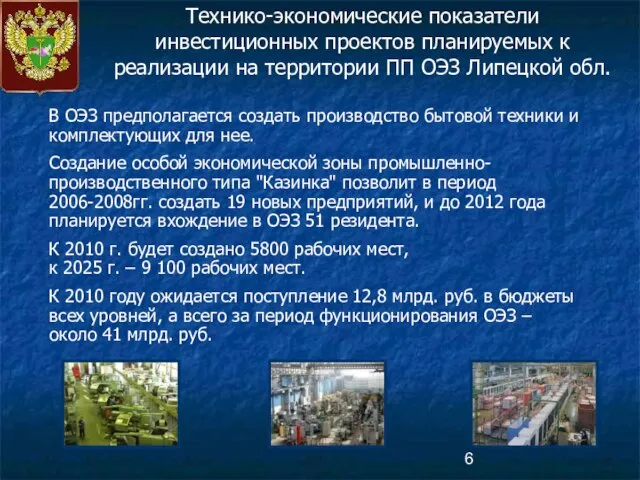 Технико-экономические показатели инвестиционных проектов планируемых к реализации на территории ПП ОЭЗ Липецкой