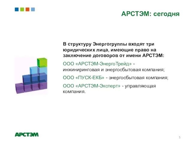 АРСТЭМ: сегодня В структуру Энергогруппы входят три юридических лица, имеющие право на