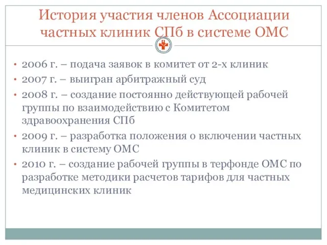 История участия членов Ассоциации частных клиник СПб в системе ОМС 2006 г.