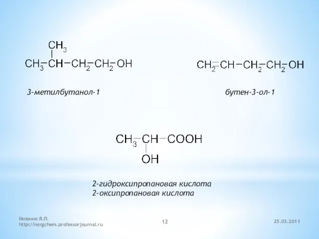 3-метилбутанол-1 бутен-3-ол-1 2-гидроксипропановая кислота 2-оксипропановая кислота 25.03.2011 Нижник Я.П. http://norgchem.professorjournal.ru