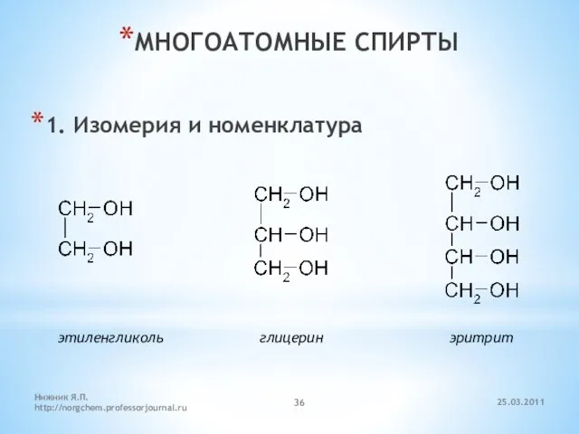 МНОГОАТОМНЫЕ СПИРТЫ 1. Изомерия и номенклатура этиленгликоль глицерин эритрит 25.03.2011 Нижник Я.П. http://norgchem.professorjournal.ru