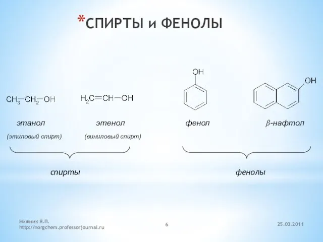 СПИРТЫ и ФЕНОЛЫ этанол этенол фенол β-нафтол (этиловый спирт) (виниловый спирт) спирты