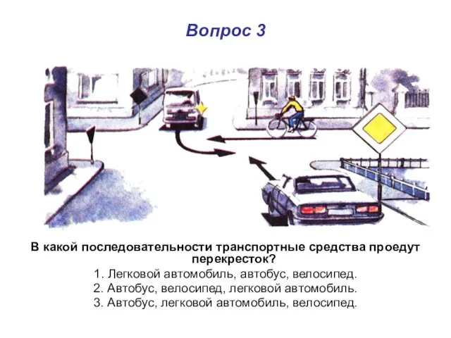 Вопрос 3 В какой последовательности транспортные средства проедут перекресток? 1. Легковой автомобиль,