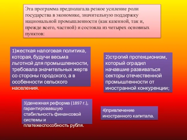 Эта программа предполагала резкое усиление роли государства в экономике, значительную поддержку национальной