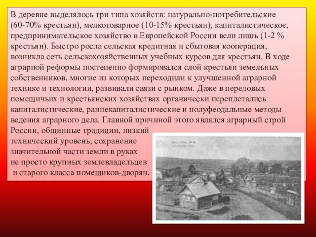 В деревне выделялось три типа хозяйств: натурально-потребительские (60-70% крестьян), мелкотоварное (10-15% крестьян),