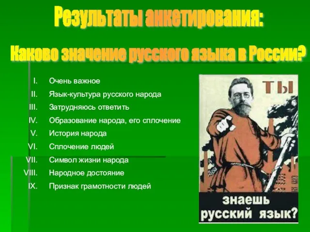 Результаты анкетирования: Каково значение русского языка в России? Очень важное Язык-культура русского