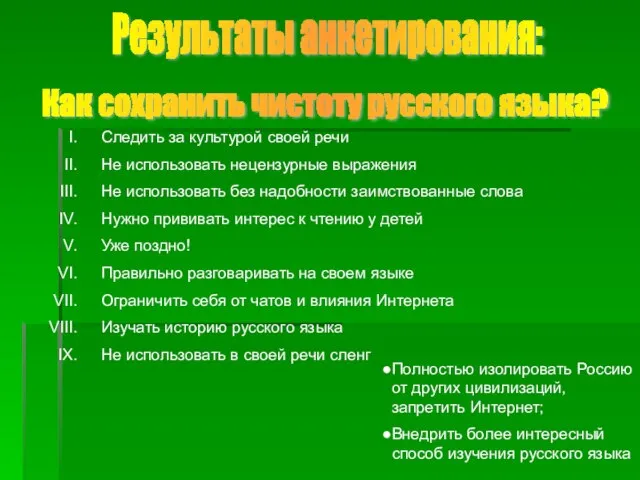 Результаты анкетирования: Как сохранить чистоту русского языка? Следить за культурой своей речи