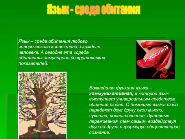 Язык - среда обитания Язык – среда обитания любого человеческого коллектива и