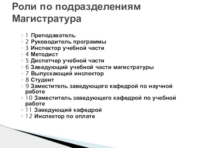 1 Преподаватель 2 Руководитель программы 3 Инспектор учебной части 4 Методист 5