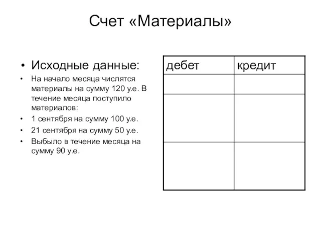 Счет «Материалы» Исходные данные: На начало месяца числятся материалы на сумму 120