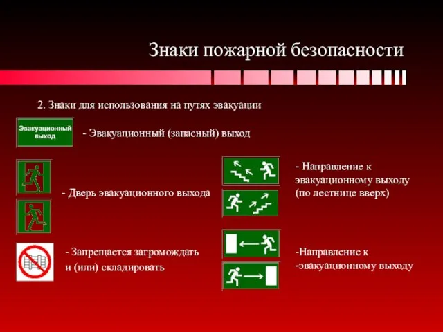 Знаки пожарной безопасности 2. Знаки для использования на путях эвакуации - Эвакуационный