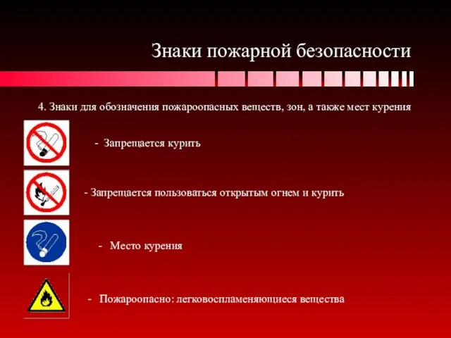 Знаки пожарной безопасности 4. Знаки для обозначения пожароопасных веществ, зон, а также