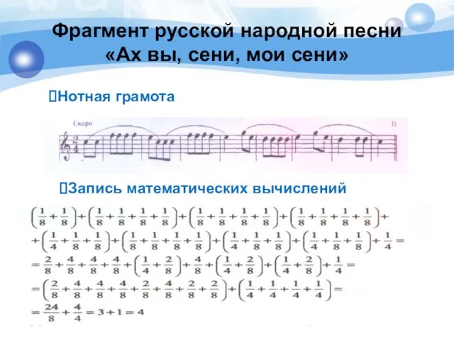 Фрагмент русской народной песни «Ах вы, сени, мои сени» Нотная грамота Запись математических вычислений