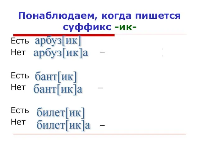 Понаблюдаем, когда пишется суффикс -ик- Есть Нет Есть Нет Есть Нет арбуз[ик]