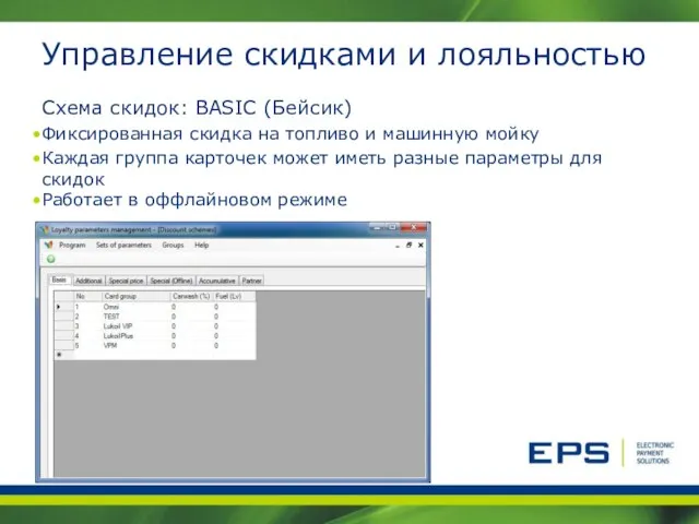 Управление скидками и лояльностью Схема скидок: BASIC (Бейсик) Фиксированная скидка на топливо