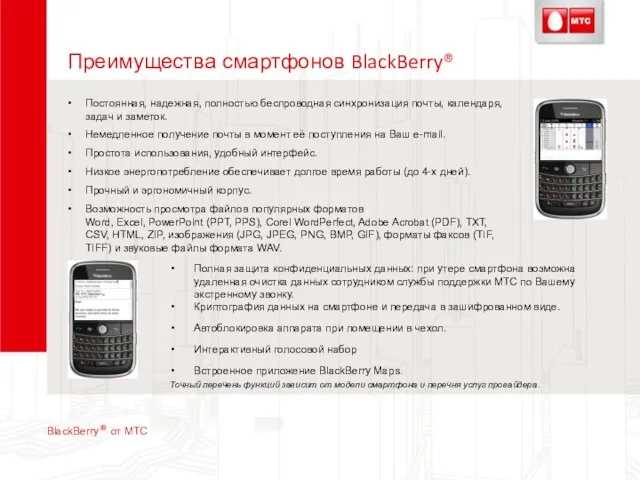 Преимущества смартфонов BlackBerry® Точный перечень функций зависит от модели смартфона и перечня