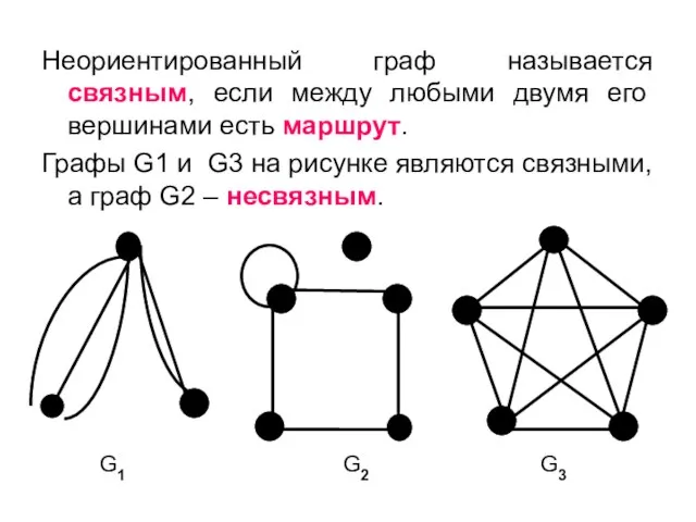 Неориентированный граф называется связным, если между любыми двумя его вершинами есть маршрут.