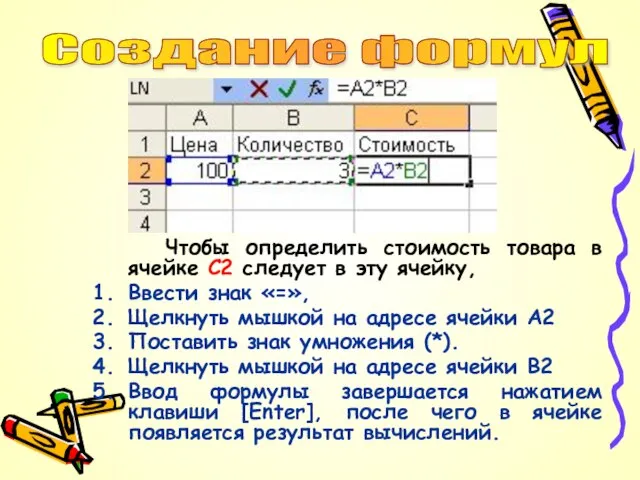 Чтобы определить стоимость товара в ячейке С2 следует в эту ячейку, Ввести